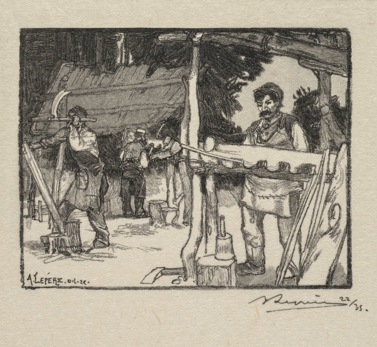 Bos van Fontainebleau: Fabrikant van latten La Forêt de Fontainebleau: Le Fabricant de lattes, 189 door Auguste Louis Lepère