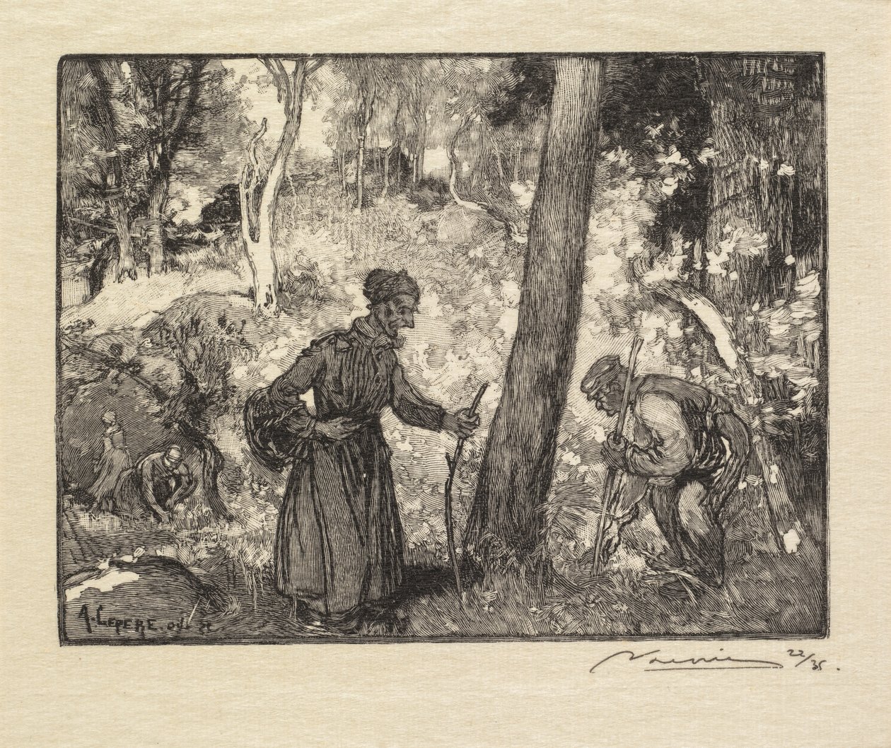Bos van Fontainebleau: Paddenstoelenjagers bij de Rocher Bernard, 1890 door Auguste Louis Lepère