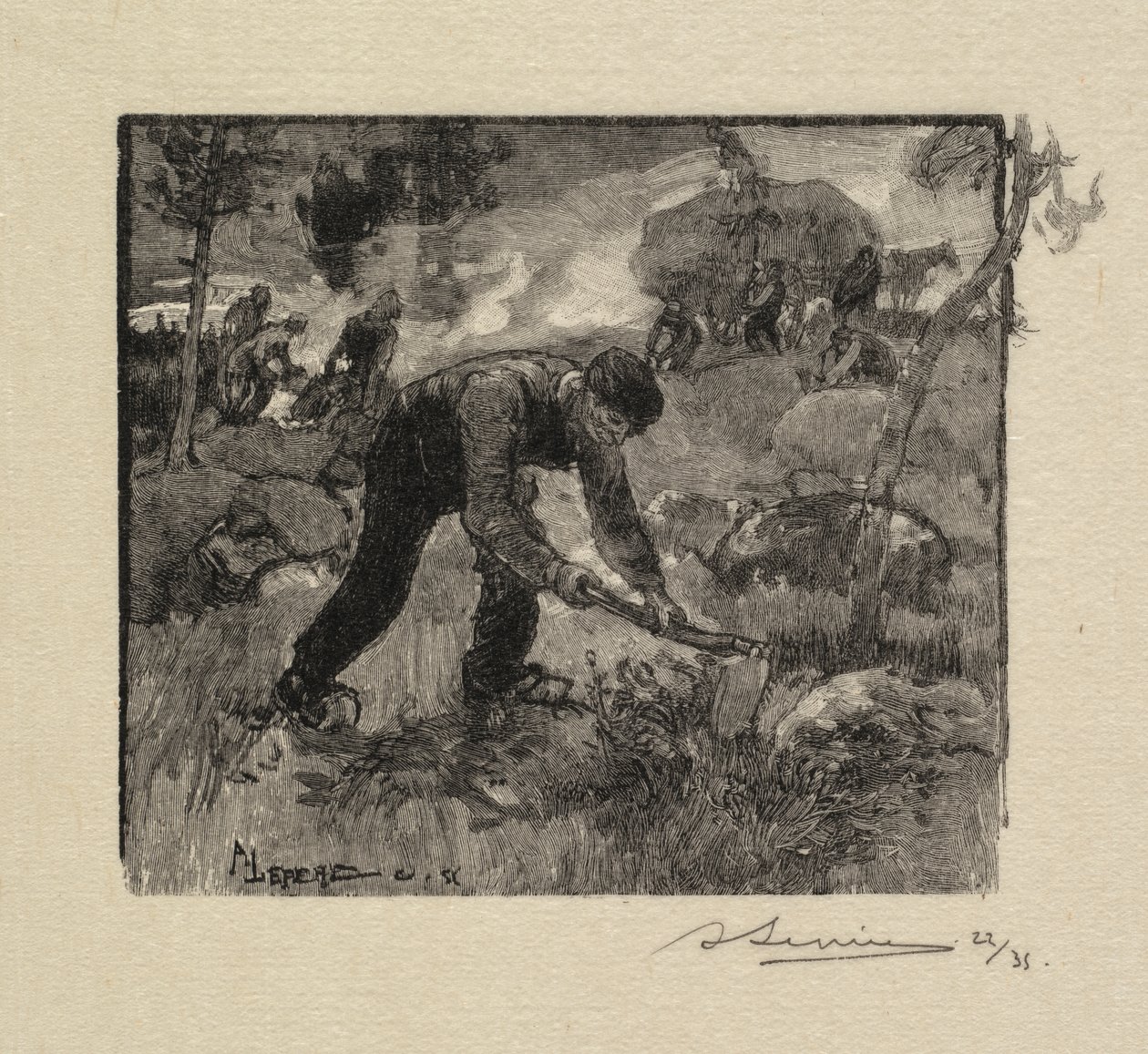 Fontainebleau Bos: Het Uittrekken van Heide door Auguste Louis Lepère