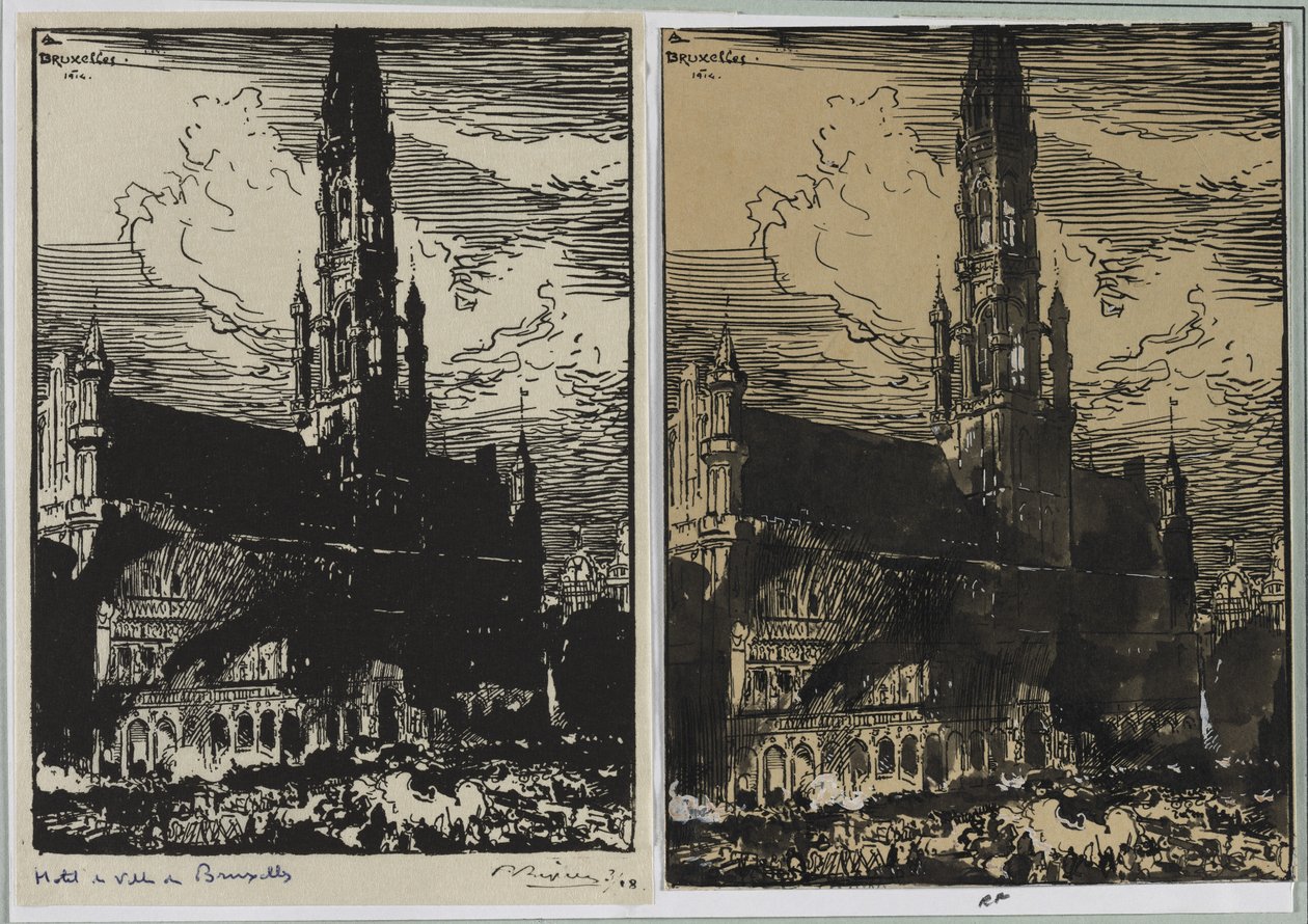 Stadhuis van Brussel in brand door Auguste Louis Lepère