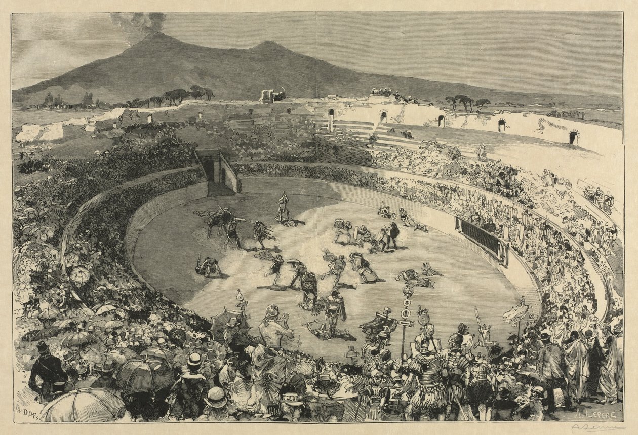 Italië. Het Festival van Pompei, Het circus van gladiatoren, 1884 door Auguste Louis Lepère
