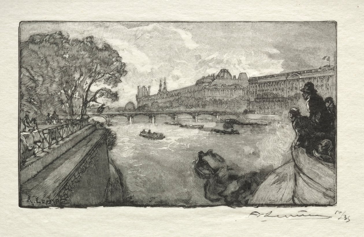 Het Louvre, gezien vanaf de Pont Neuf, 1890 door Auguste Louis Lepère