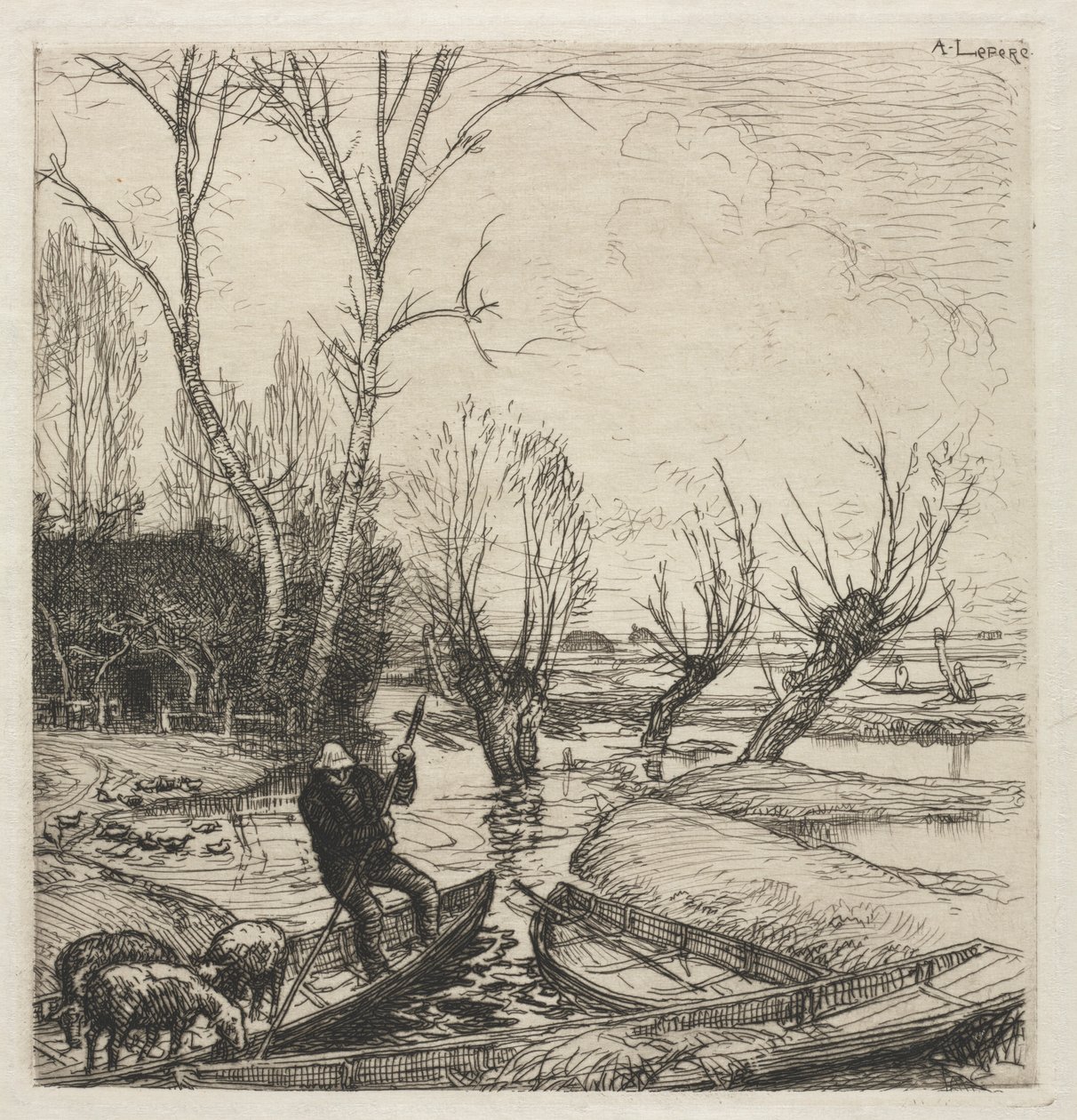 Man in een boot met drie schapen door Auguste Louis Lepère