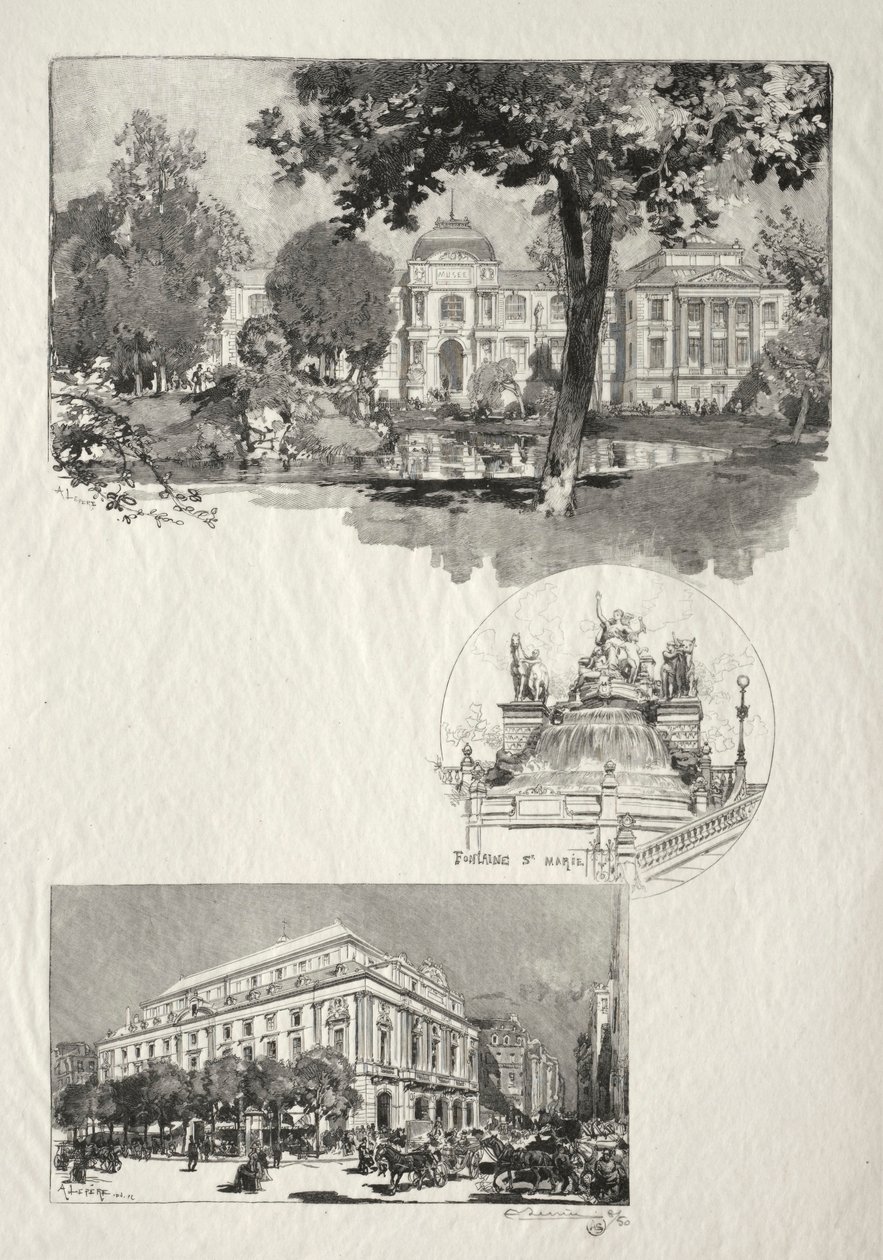 Rouen Illustré: Het Museum, Fontaine St. Marie, Het Theater der Kunsten, 1896 door Auguste Louis Lepère