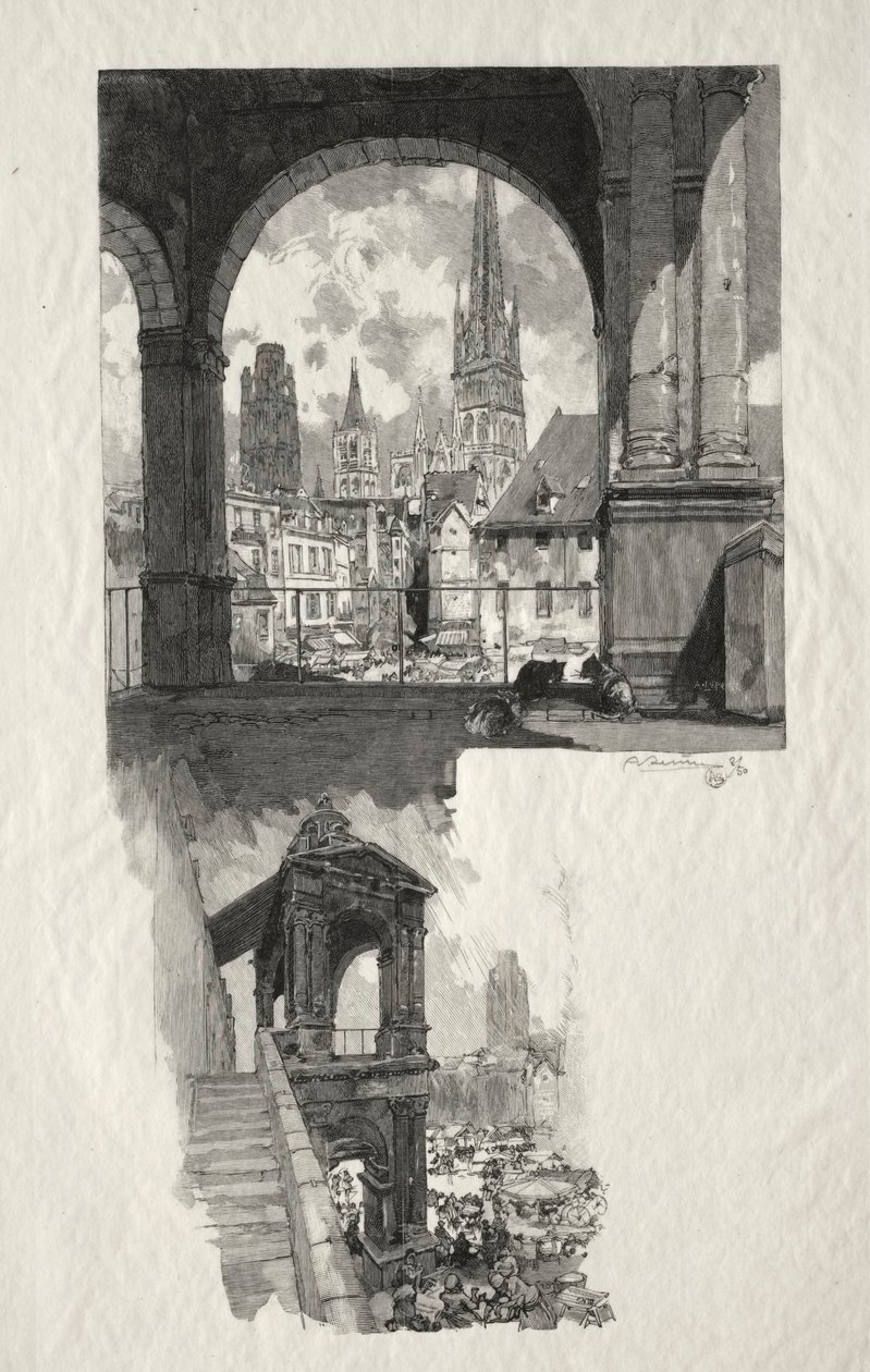 Rouen Illustré: Place de la Haute Vieille Tour, Edicule de la Fierte, 1896 door Auguste Louis Lepère