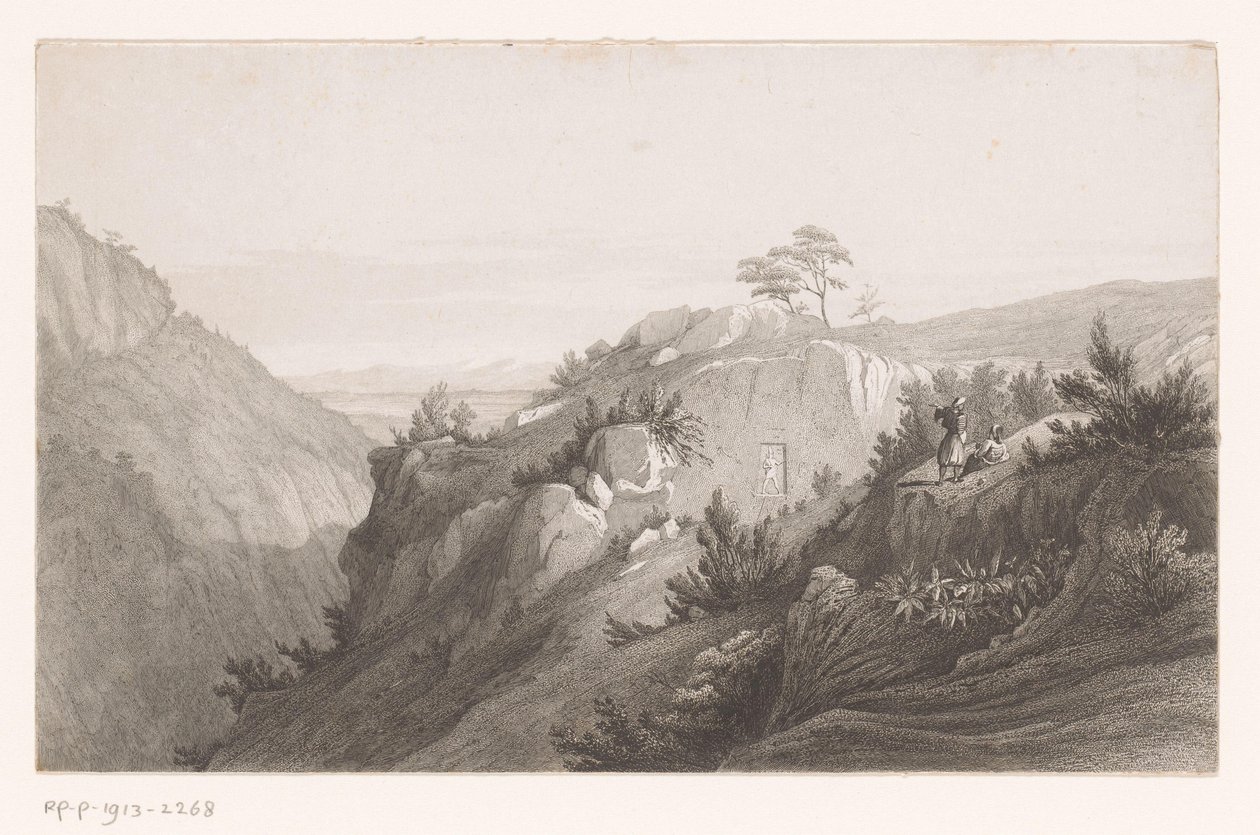 Berglandschap met een in de rotsen gebeitelde figuur door Auguste Numans (attributed to)