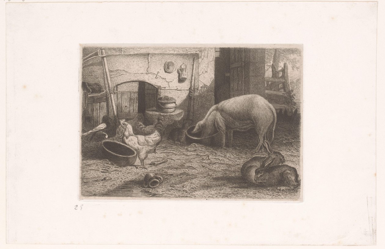 Varken, kippen en konijnen bij een schuur door Auguste Numans (attributed to)