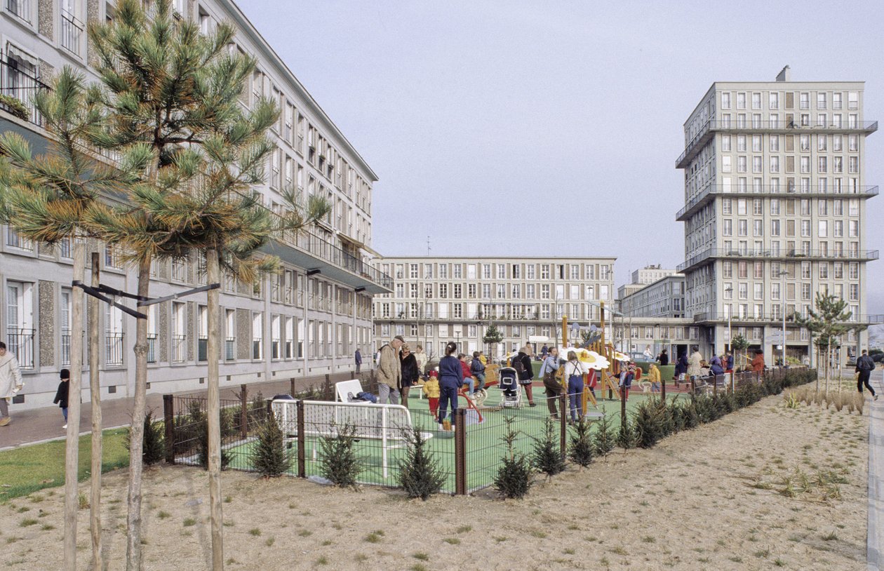 Woongebouw in Le Havre (Seine Maritime). De stad werd op 15/07/2005 door UNESCO op de Werelderfgoedlijst geplaatst. Le Havre was de meest verwoeste stad in Frankrijk tijdens de Tweede Wereldoorlog (1939-1945). Herbouwd onder leiding van Auguste Perret (187 door Auguste Perret