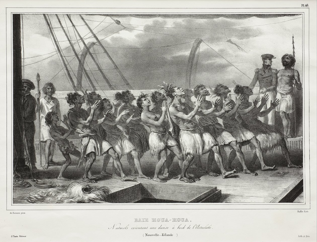 Houa-Houa-baai, Inheemse bewoners die een dans uitvoeren aan boord van de Astrolabe (Nieuw-Zeeland), [Uawa/Tolaga Bay, Natives Performing a Haka on Board the Astrolabe (New Zealand)] door Auguste Raffet