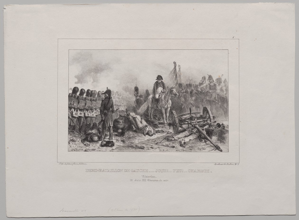 Lithografisch Album van 1837: Half-Bataljon aan de Linkerkant...Richten!...Vuur!...Laden door Auguste Raffet