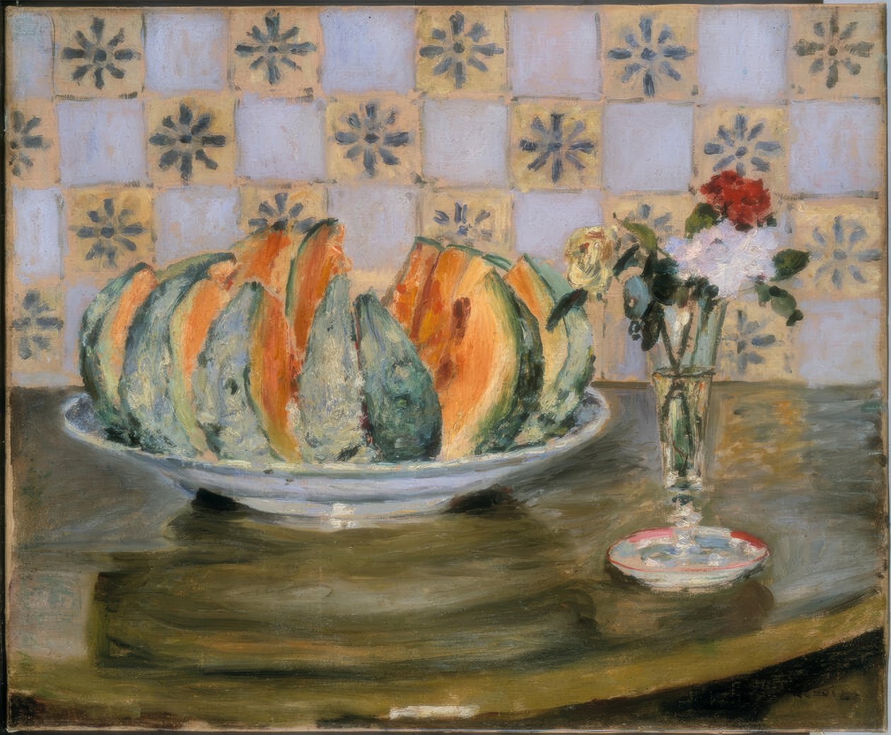 Stilleven met meloen en bloemenvaas door Auguste Renoir