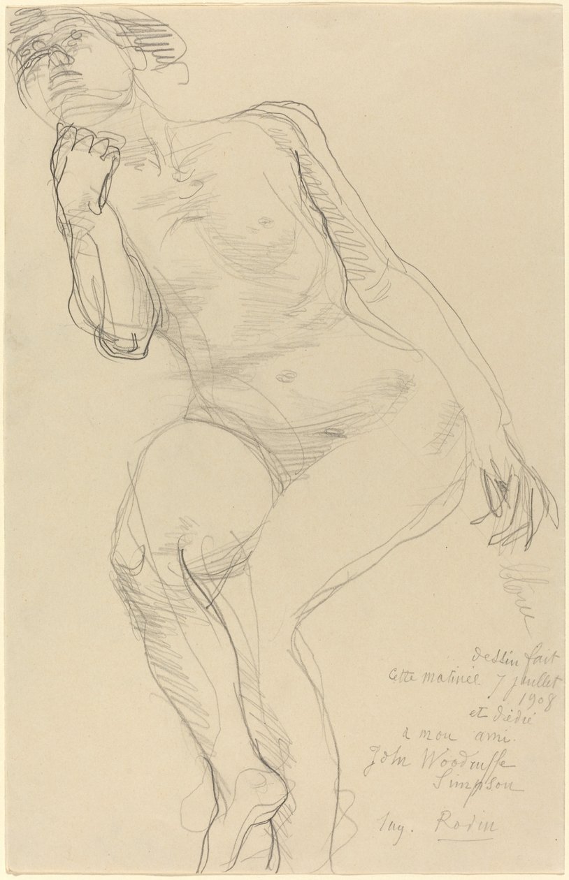 Zittende vrouwelijke naakt naar links leunend door Auguste Rodin
