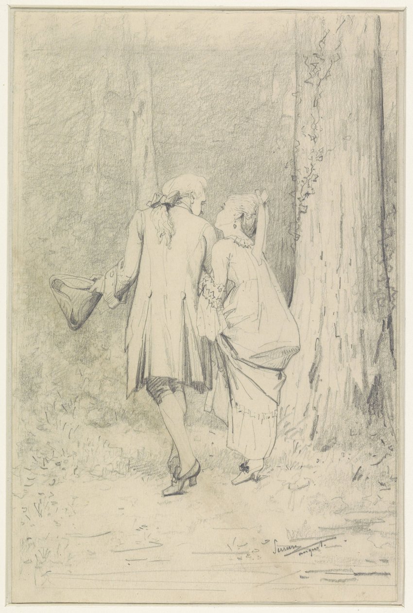 Wandelend paar in bos door Auguste Serrure