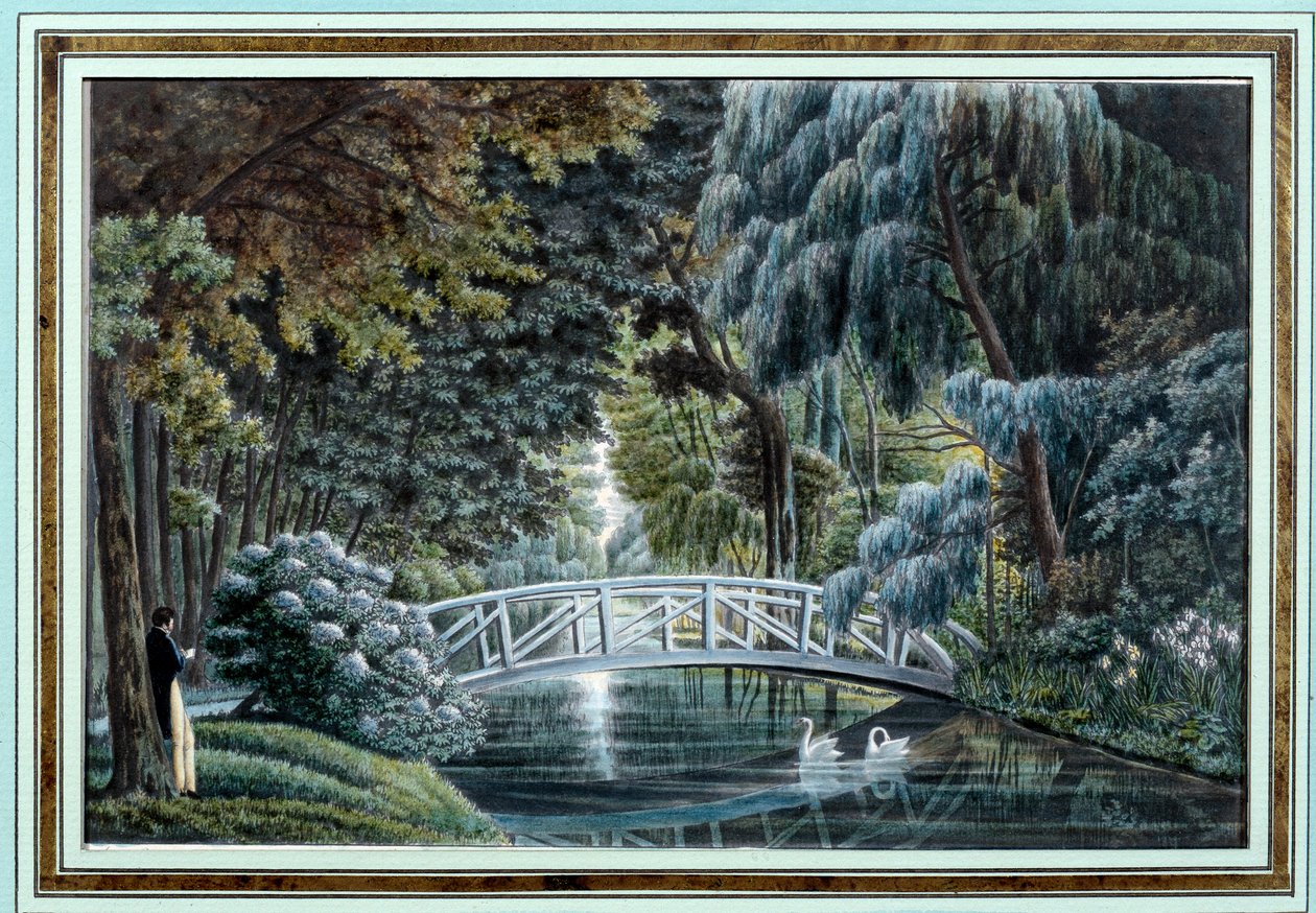 Zicht op de houten brug over de rivier links van het kasteel van Malmaison door Auguste Simon Garneray
