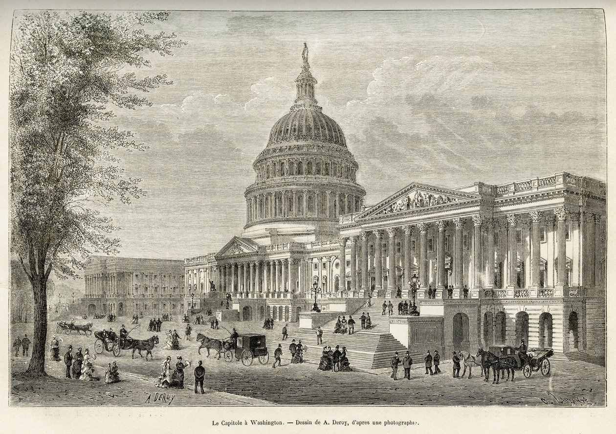 Het Capitool, zetel van de wetgevende macht, gebouwd tussen 1793 en 1830, in Washington (District of Columbia), de hoofdstad van de Verenigde Staten. Gravure naar de tekening van A.Deroy, ter illustratie van het verhaal La conquete blanche, door William He door Auguste Victor Deroy