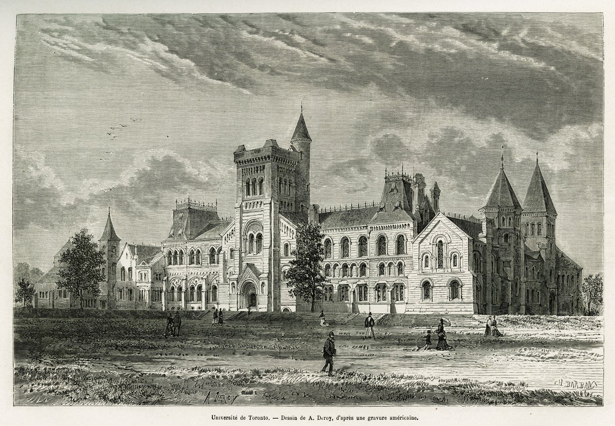 De Universiteit van Toronto, tekening door A. Deroy, ter illustratie van het verhaal van een excursie naar Canada en de Noordelijke Rode Rivier in 1873 door H. de Lamotte. Gravure in Le tour du monde door Auguste Victor Deroy