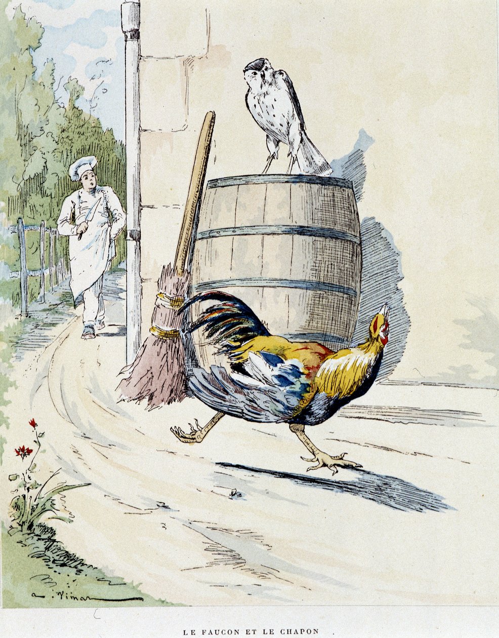 Le faucon en de kapoen in Les Fables de La Fontaine, ill. door Auguste Vimar, Tours, bij A, Mame & Fils door Auguste Vimar