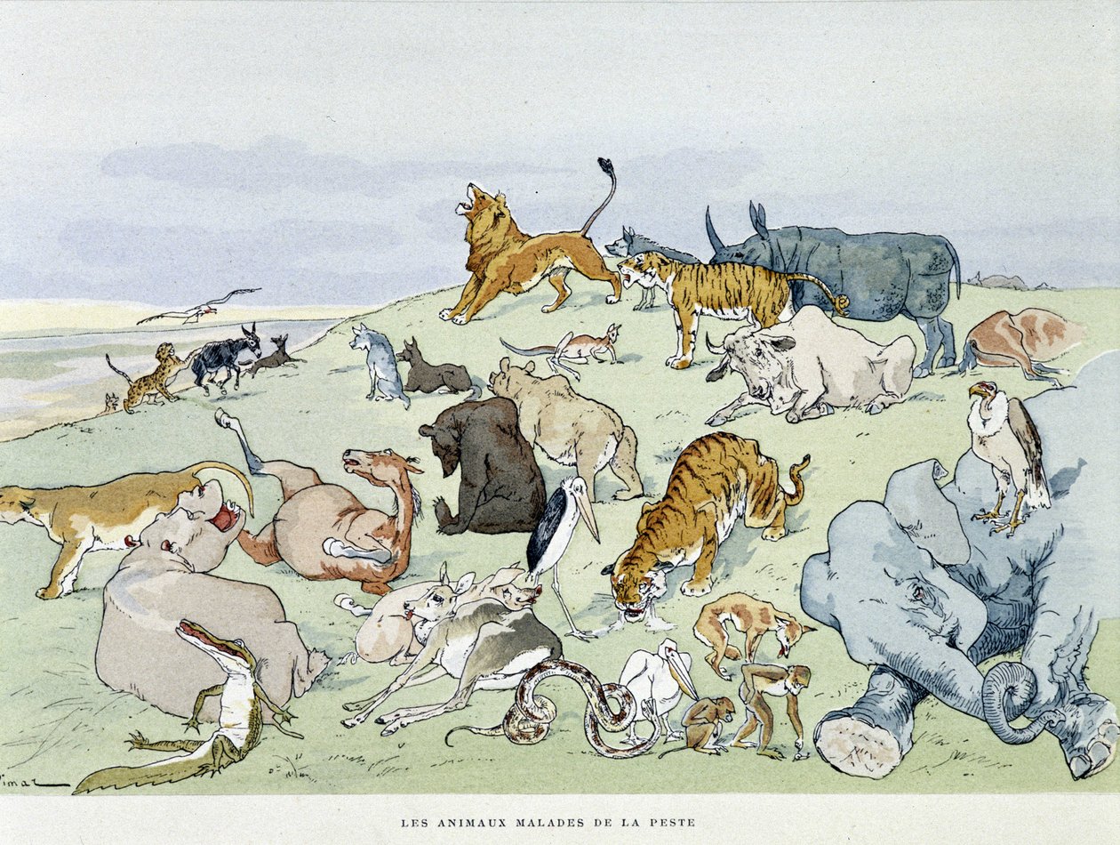 Les animaux malades de la peste - in Les Fables de la Fontaine, ill. door Auguste Vimar (1851-1916), Tours, bij A, Mame & Fils door Auguste Vimar