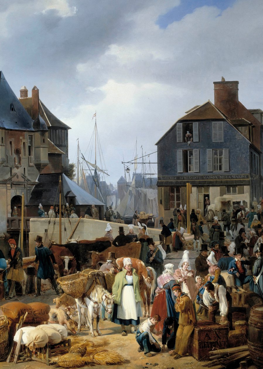 Inscheping van vee in de haven van Honfleur (detail) door Auguste-Xavier Leprince