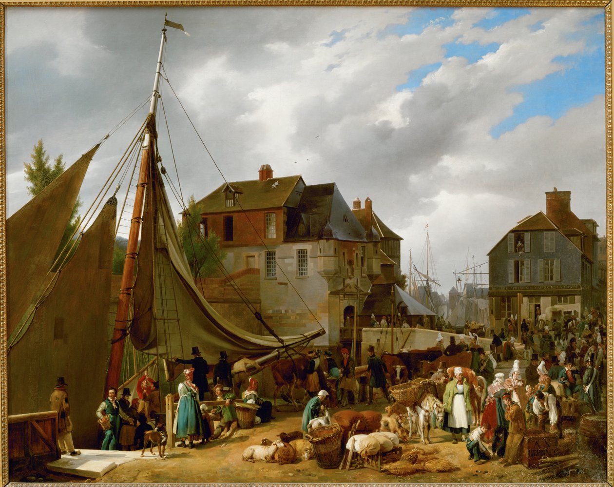 Het inschepen van vee op het schip "Le Passager" in de haven van Honfleur, Frankrijk ... door Auguste Xavier Leprince