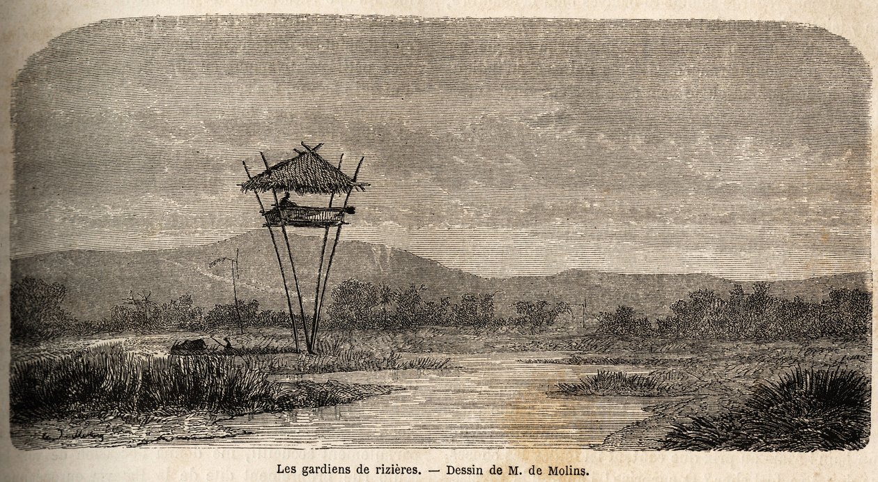 Een rijstwacht, nabij Batavia (het huidige Jakarta). Tekening door M. de Molins, ter illustratie van zijn reis naar Java door Auguste de Molins