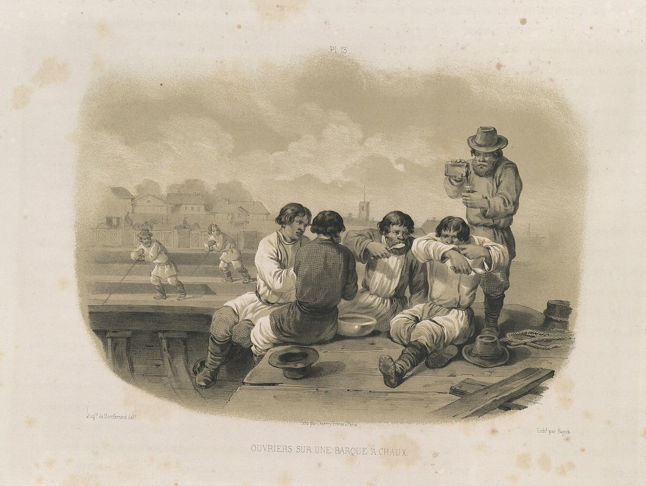 Bouwers op een boot Uit: De Bouw van de Sint-Isaacskathedraal, 1845 door Auguste de Montferrand