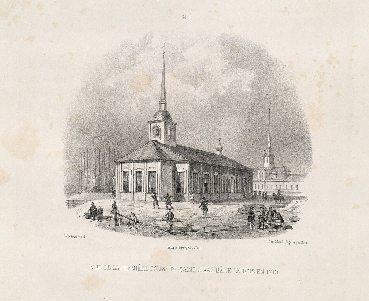 Uitzicht op de eerste St. Isaacs kerk in 1710 Uit: De bouw van de Sint-Isaacskathedraal, 1845 door Auguste de Montferrand