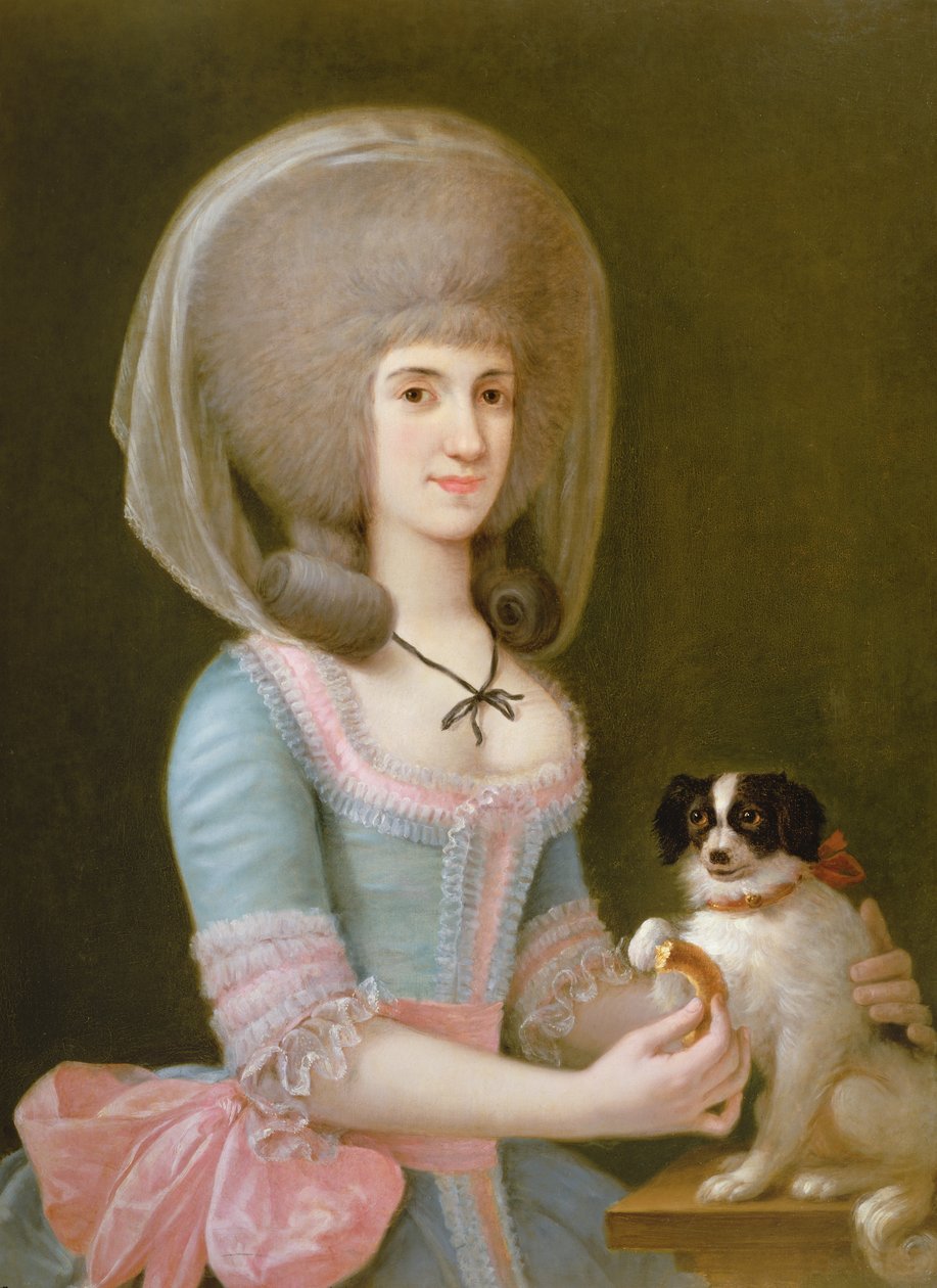 Portret van Dona Maria Teresa Apodaca de Sisma die een hapje aan haar hond geeft door Augustin Esteve
