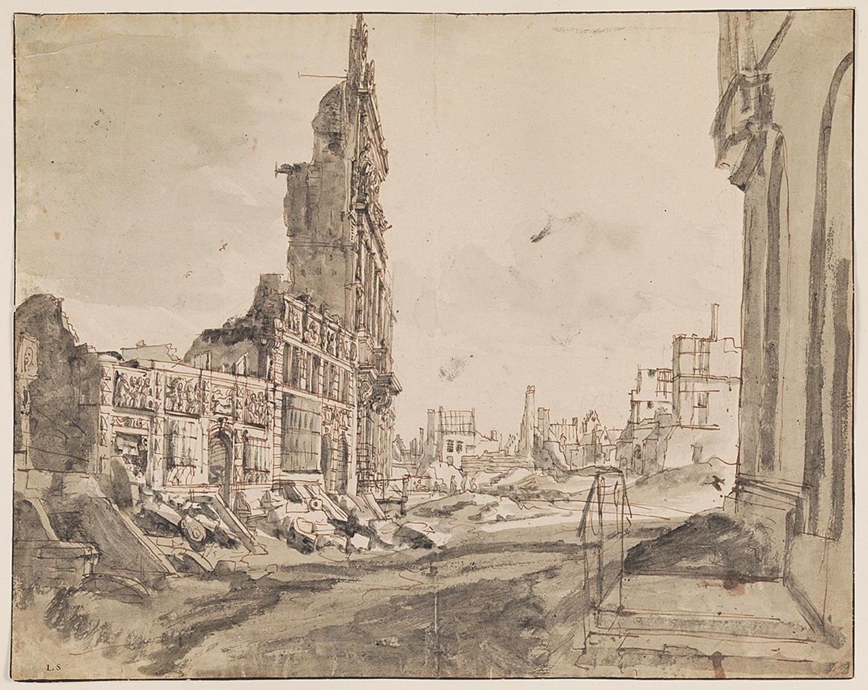Uitzicht over de noordoost- en noordwesthoeken van de Grote Markt na het bombardement in 1695 door Augustin Coppens