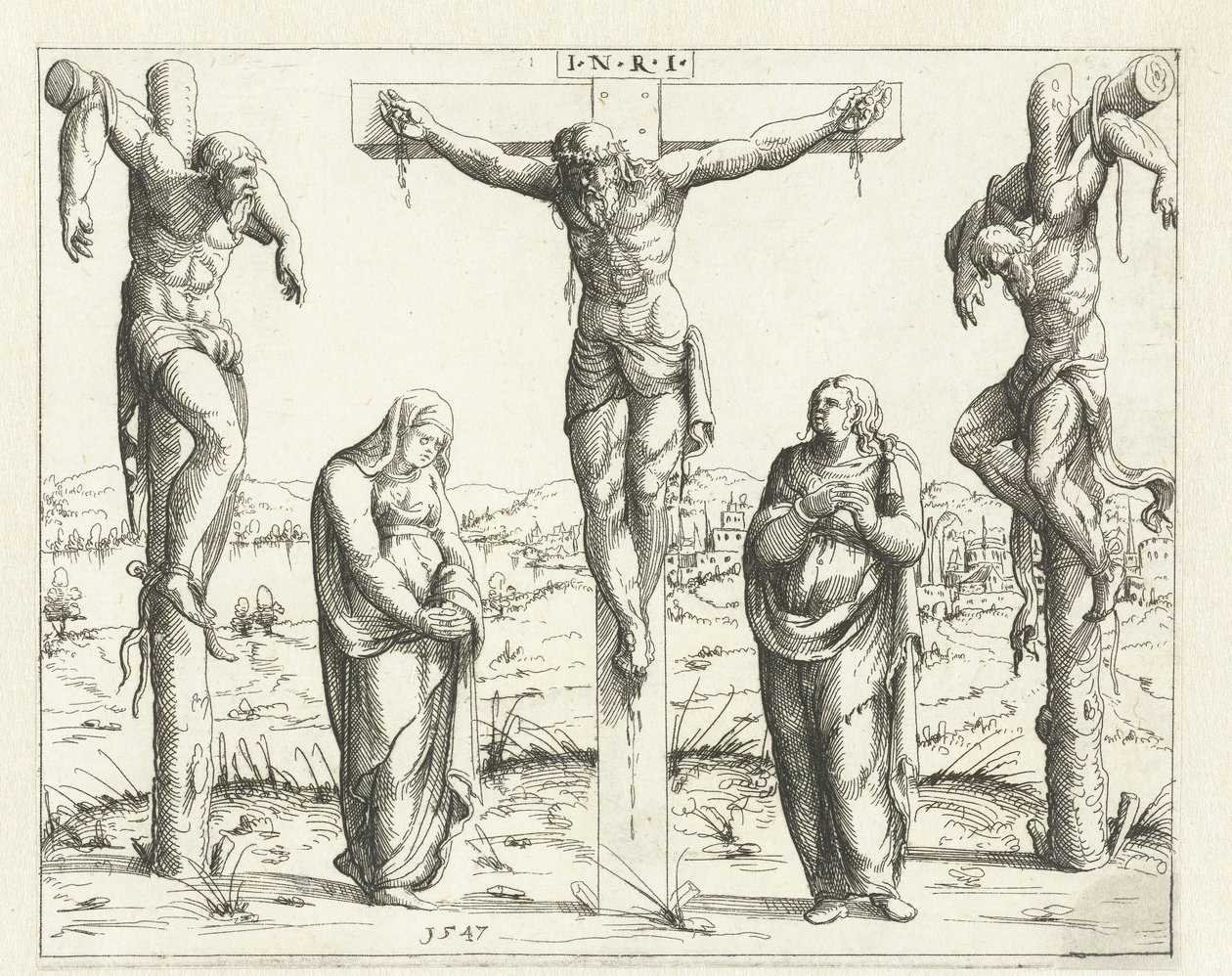 Christus aan het kruis en Maria en Johannes door Augustin Hirschvogel