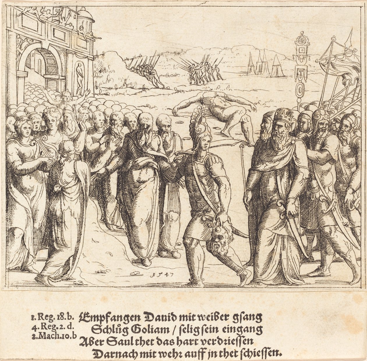 David wordt Verwelkomd na het Doden van Goliath, en Sauls Jaloezie, 1547 door Augustin Hirschvogel