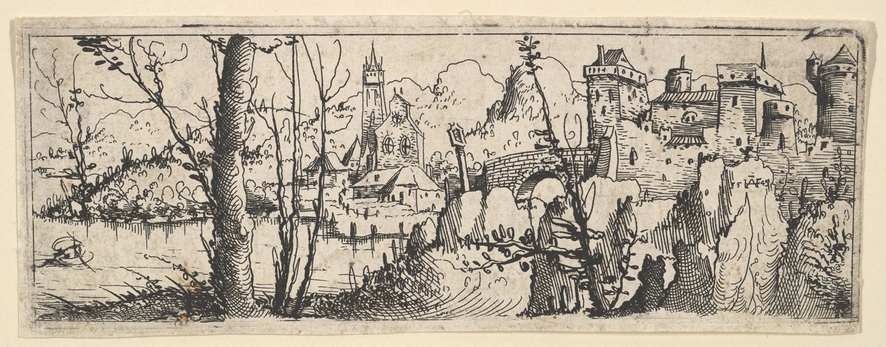 Landschap met fort en een kerk aan een rivier door Augustin Hirschvogel