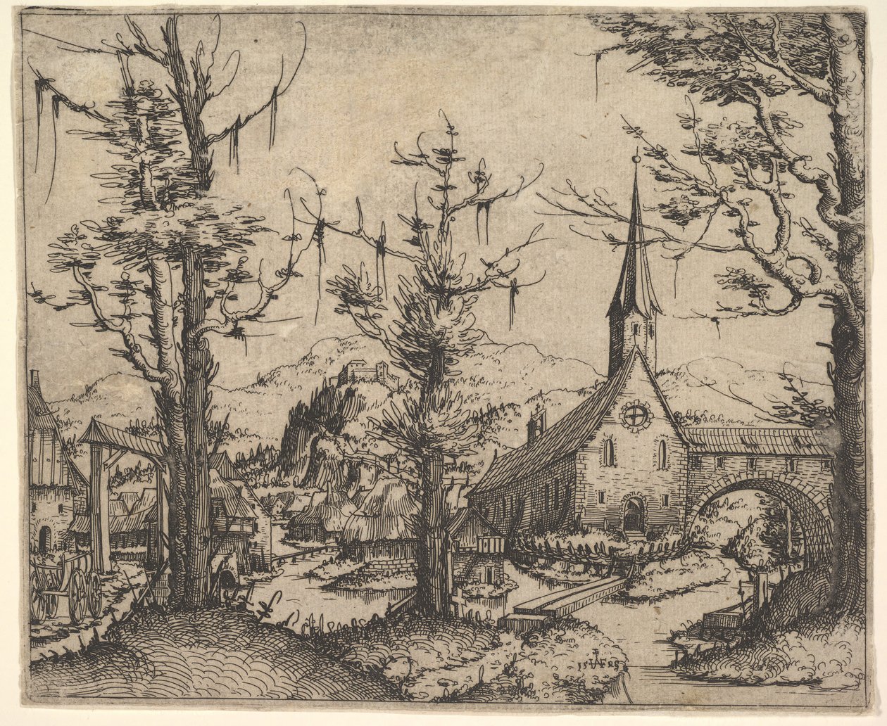 Landschap met vier bomen en een kerk rechts, 1545 door Augustin Hirschvogel