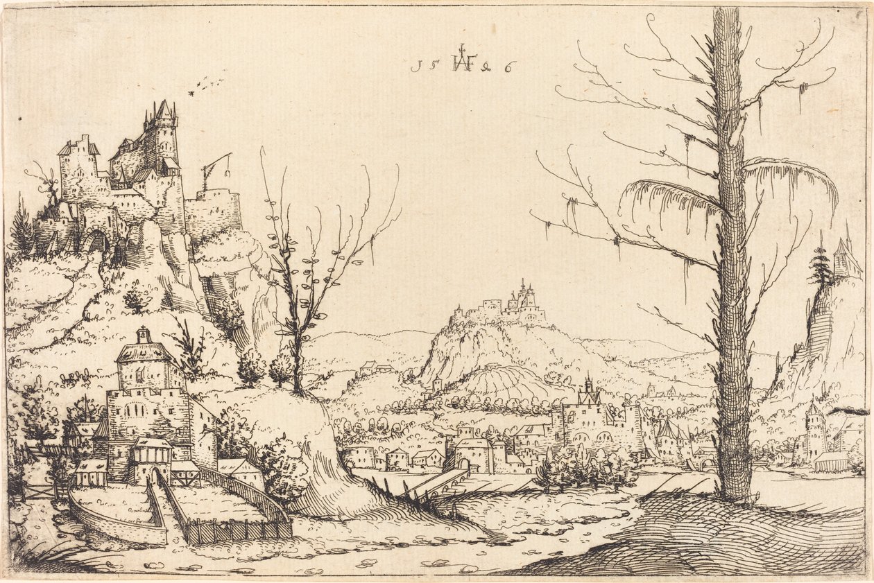 Landschap met hoge kliffen, rivier en stad door Augustin Hirschvogel