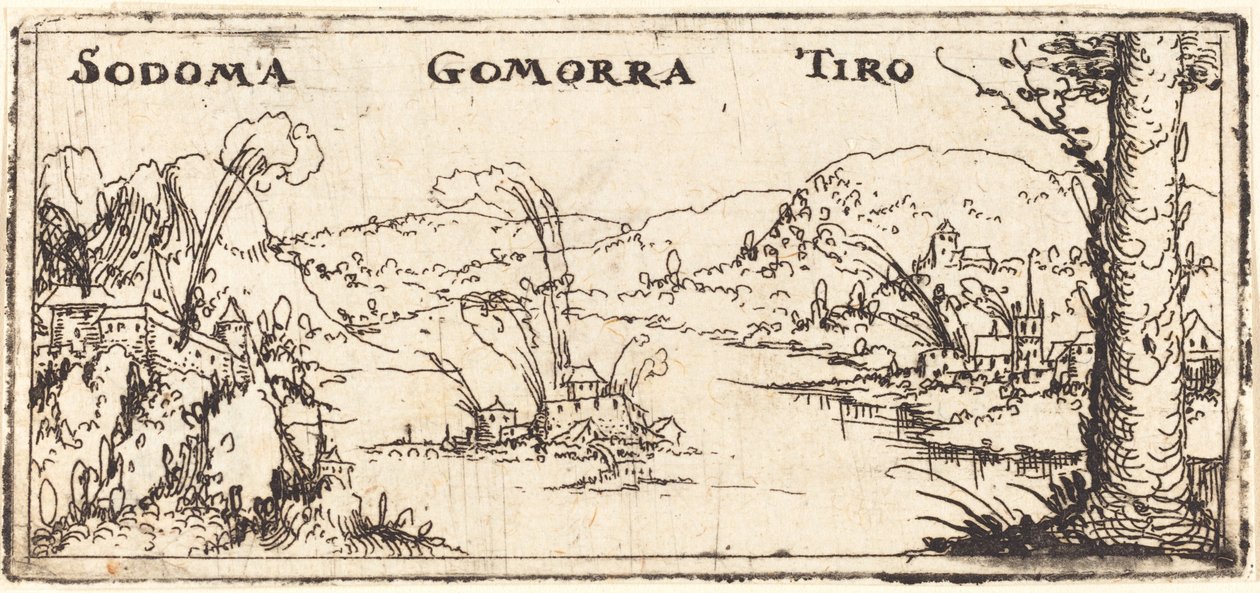 Landschap met Drie Brandende Steden: Sodom, Gomorra en Tyrus door Augustin Hirschvogel