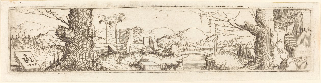 Landschap met een beek en ruïnes door Augustin Hirschvogel