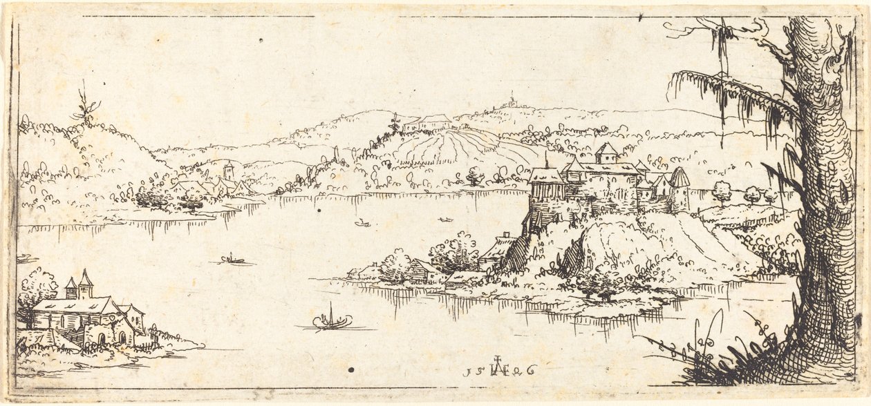 Landschap met een Groot Meer in het Midden door Augustin Hirschvogel