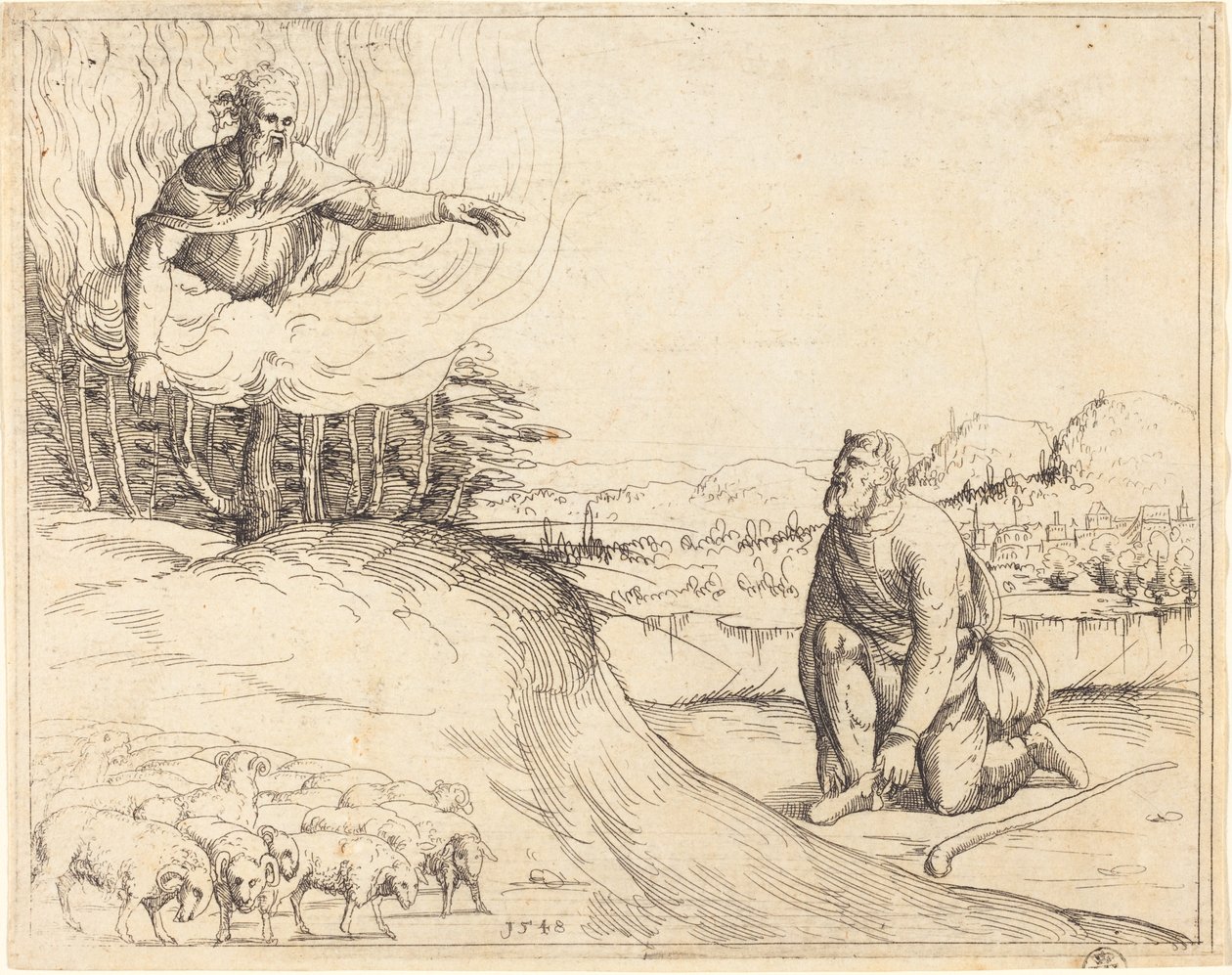 Mozes en de brandende struik, 1548 door Augustin Hirschvogel