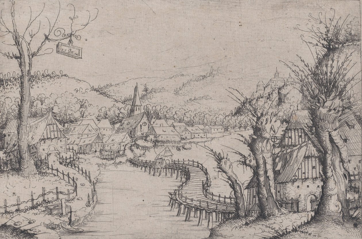 Rivierlandschap met drie kale wilgen rechts en een lange kronkelende houten brug, 1546 door Augustin Hirschvogel