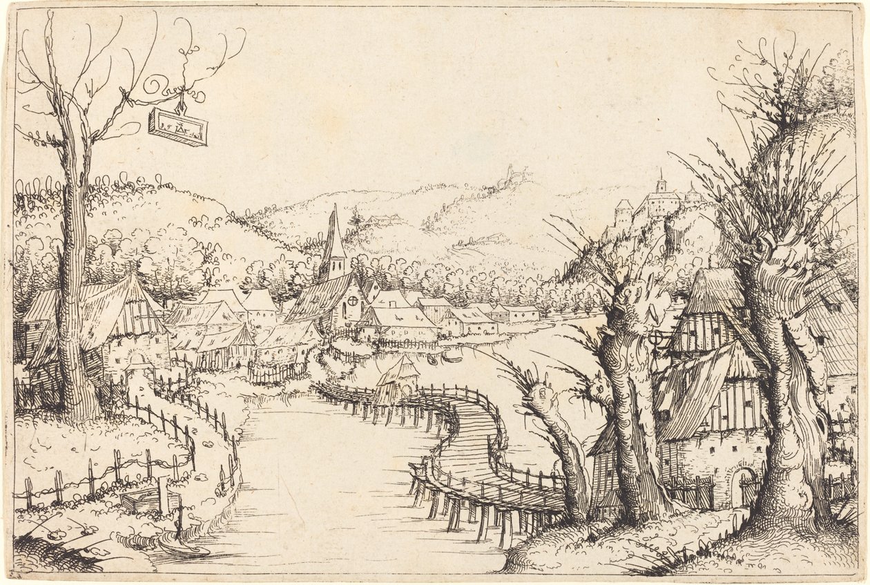 Rivierlandschap met houten brug, 1546 door Augustin Hirschvogel