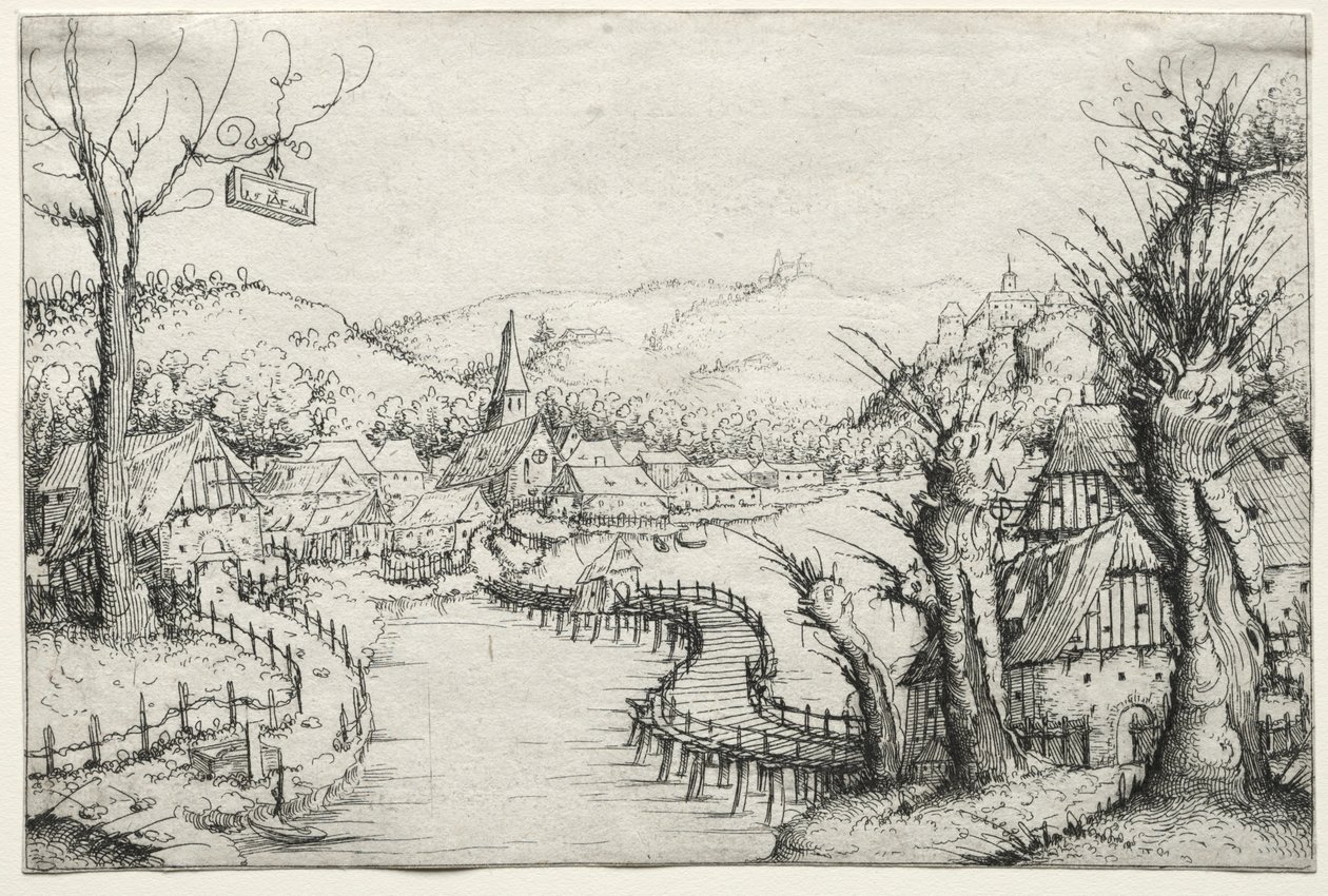 Rivierlandschap met drie kale wilgen rechts en een lange kronkelende houten brug..., 1546 door Augustin Hirschvogel