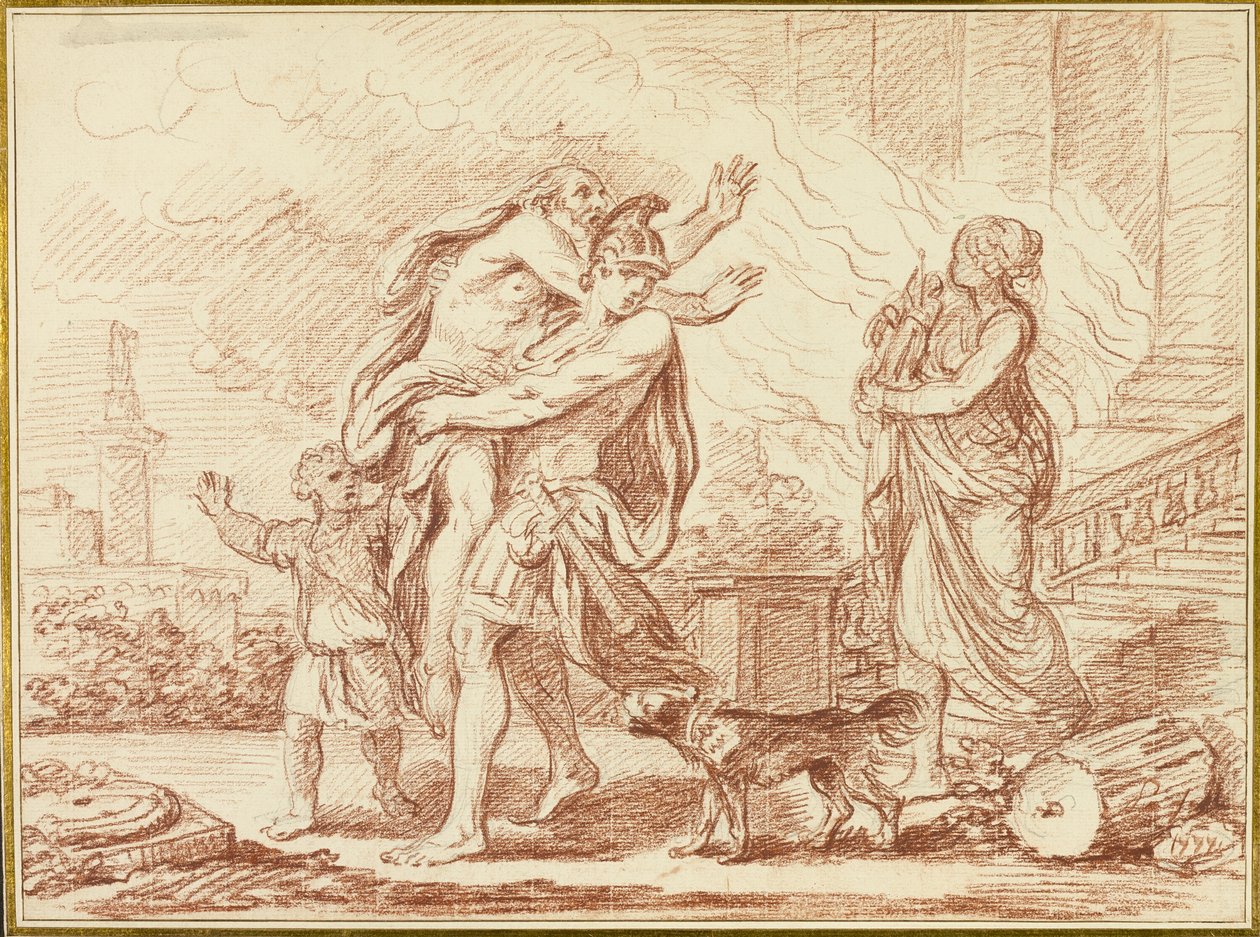 Aeneas vlucht met Anchises uit de ruïnes van Troje door Augustin Pajou