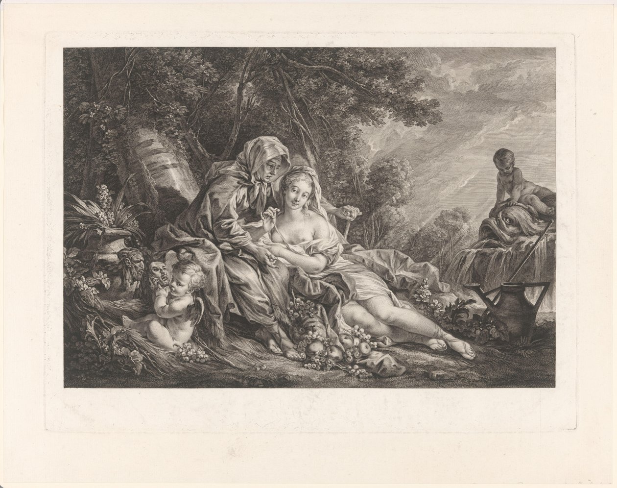 Vertumnus en Pomona in een parklandschap door Augustin de Saint-Aubin
