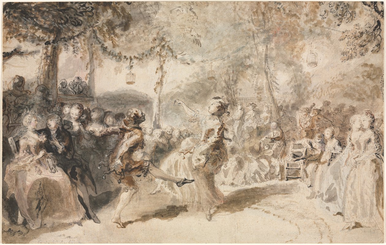 Gekostumeerde dansers die optreden in een tuinherberg, 1756 door Augustin de Saint Aubin