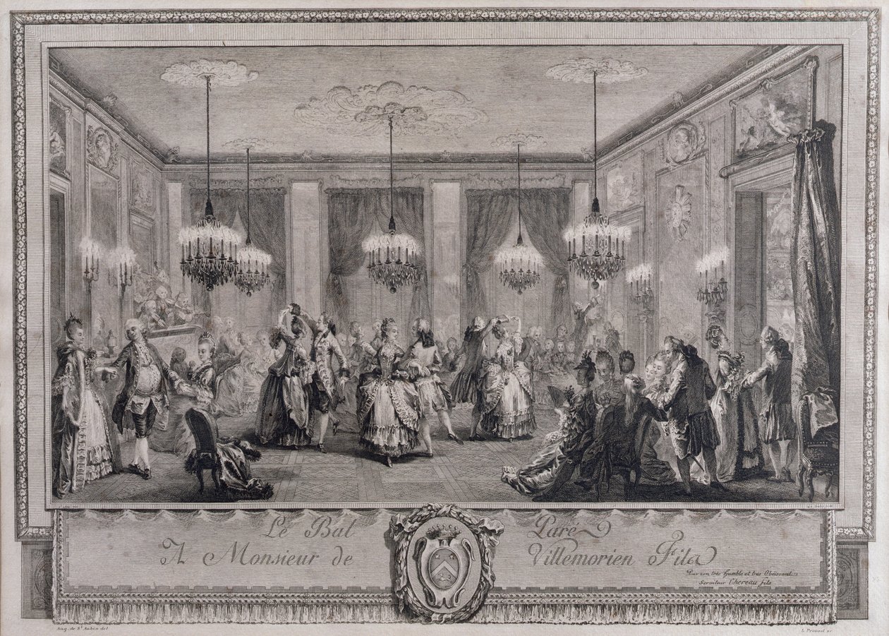 Het Avondjurkbal in het Huis van Monsieur de Villemorien Fila, gegraveerd door L. Provost door Augustin de Saint Aubin