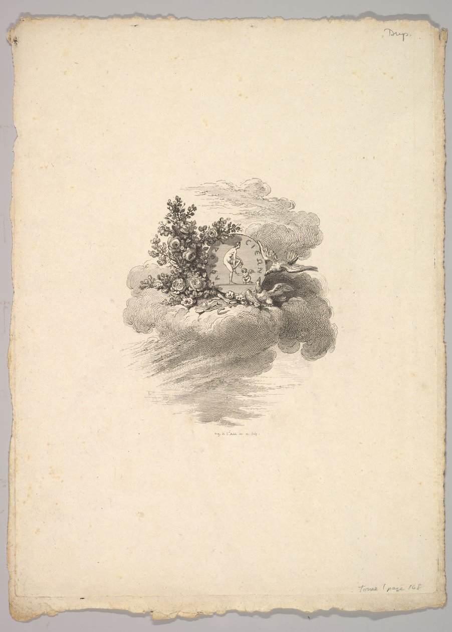 Vignet met munt op een wolk met rozen links en duiven beneden en rechts door Augustin de Saint Aubin
