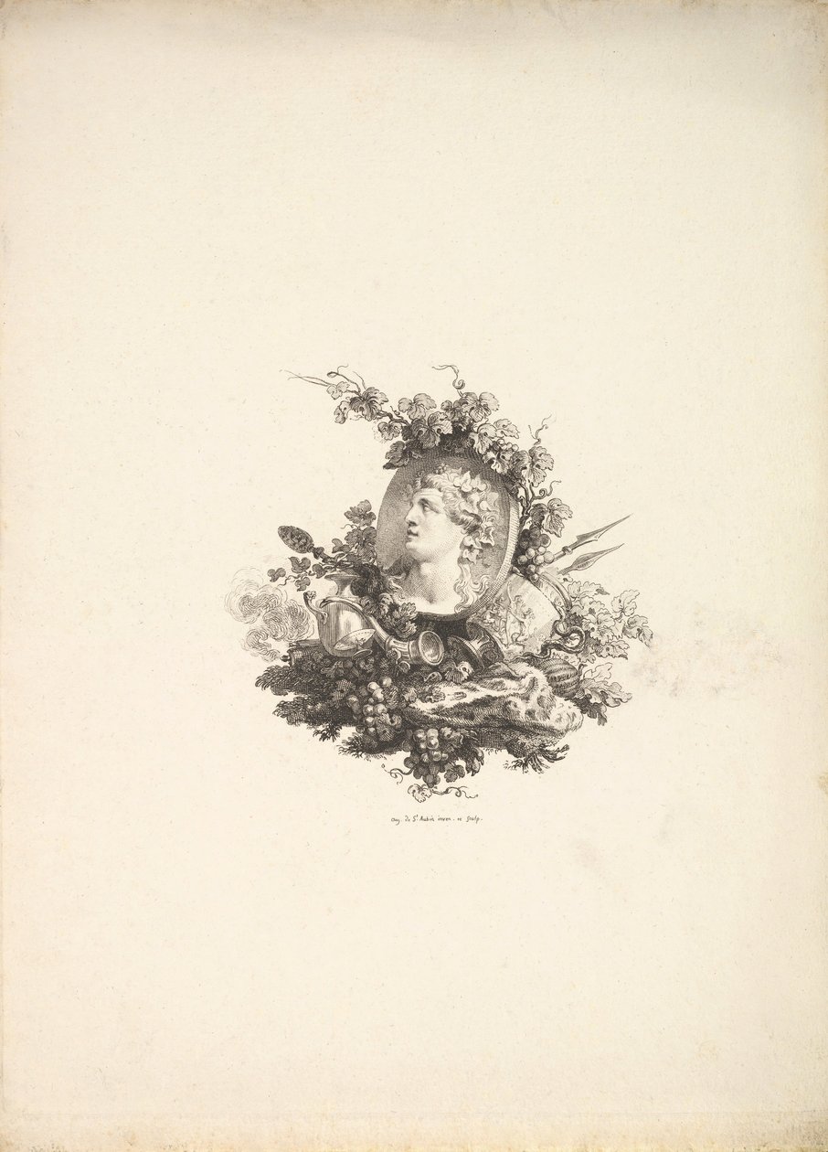 Vignet met het hoofd van Bacchus op een kornalijn, Tome I, Pagina 242, uit Beschrijving van..., 1778-80 door Augustin de Saint Aubin