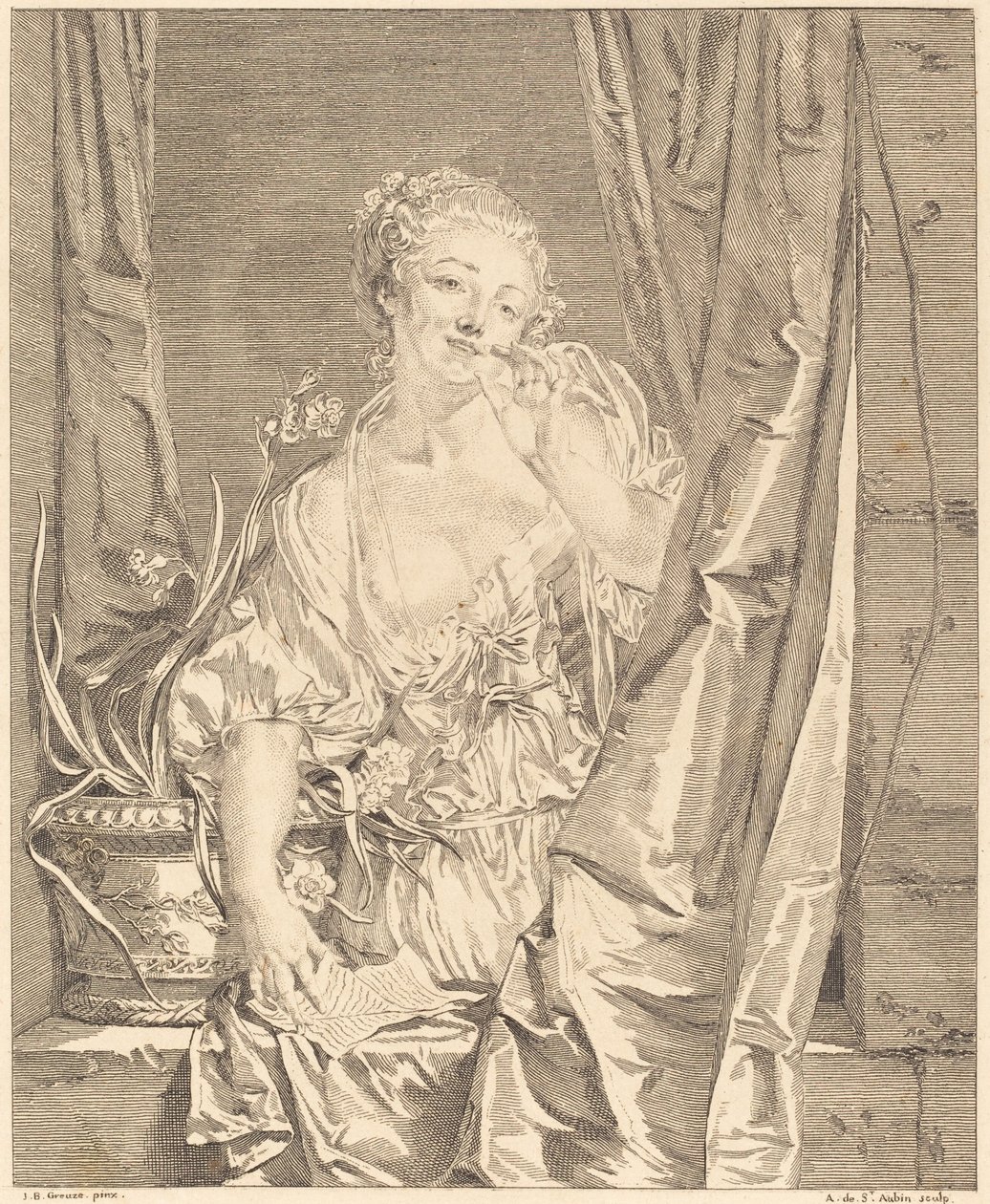 De Geblazen Kus door Augustin de Saint Aubin after Jean Baptiste Greuze