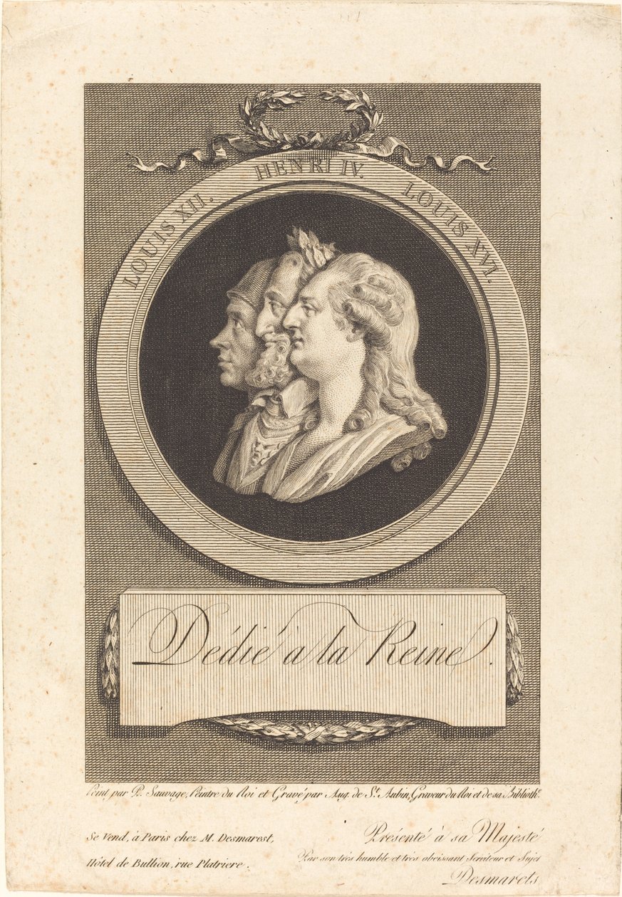 Lodewijk XVI, Hendrik IV en Lodewijk XII door Augustin de Saint Aubin after Piat Joseph Sauvage