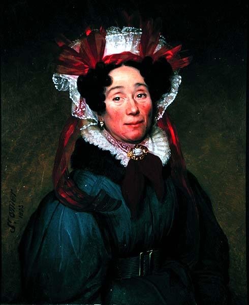 Portret van een dame met een rood-witte muts door Augustine Cochet St. Omer